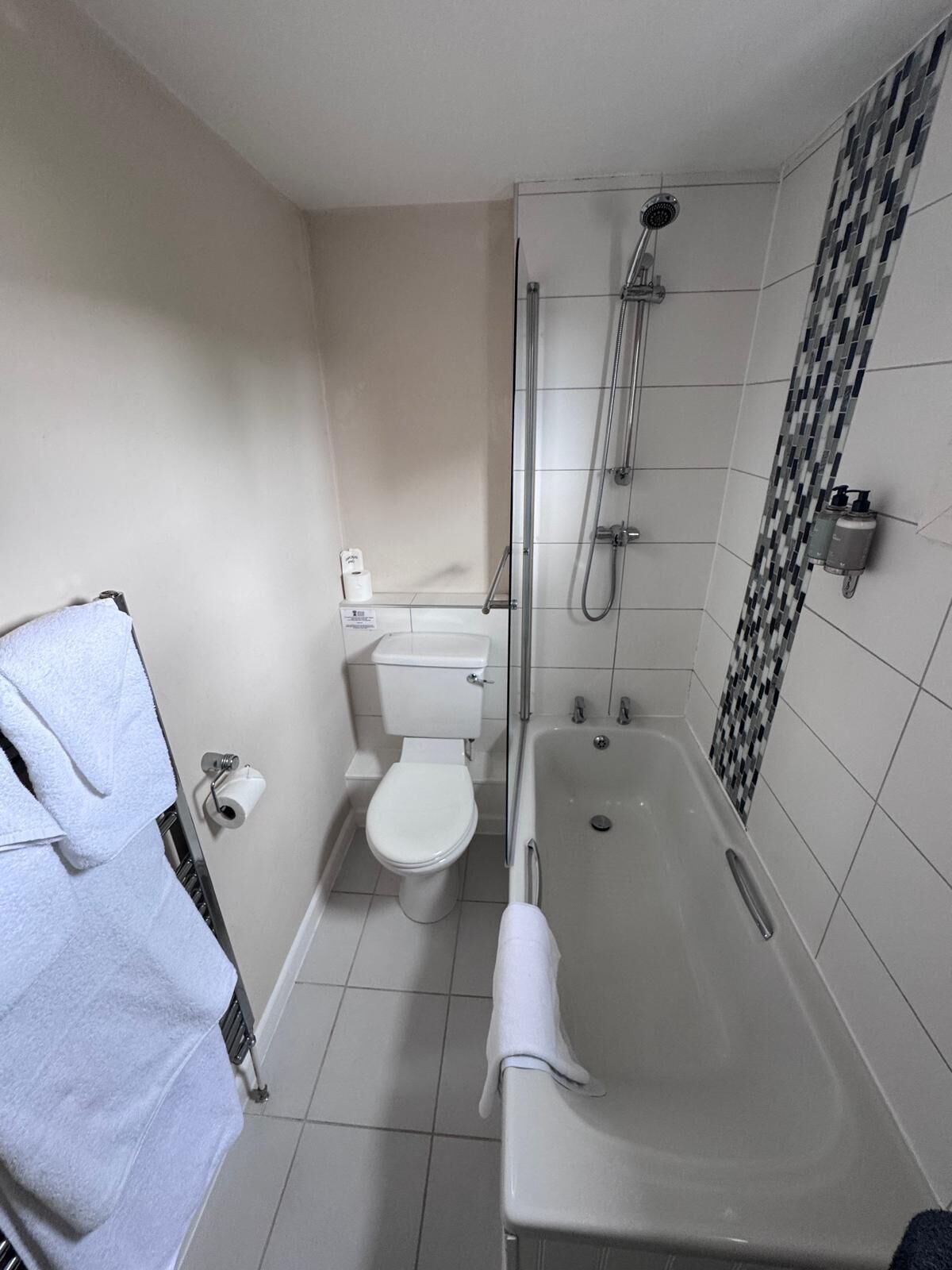 A bathroom with a toilet, shower, bathtub, and a towel rack.