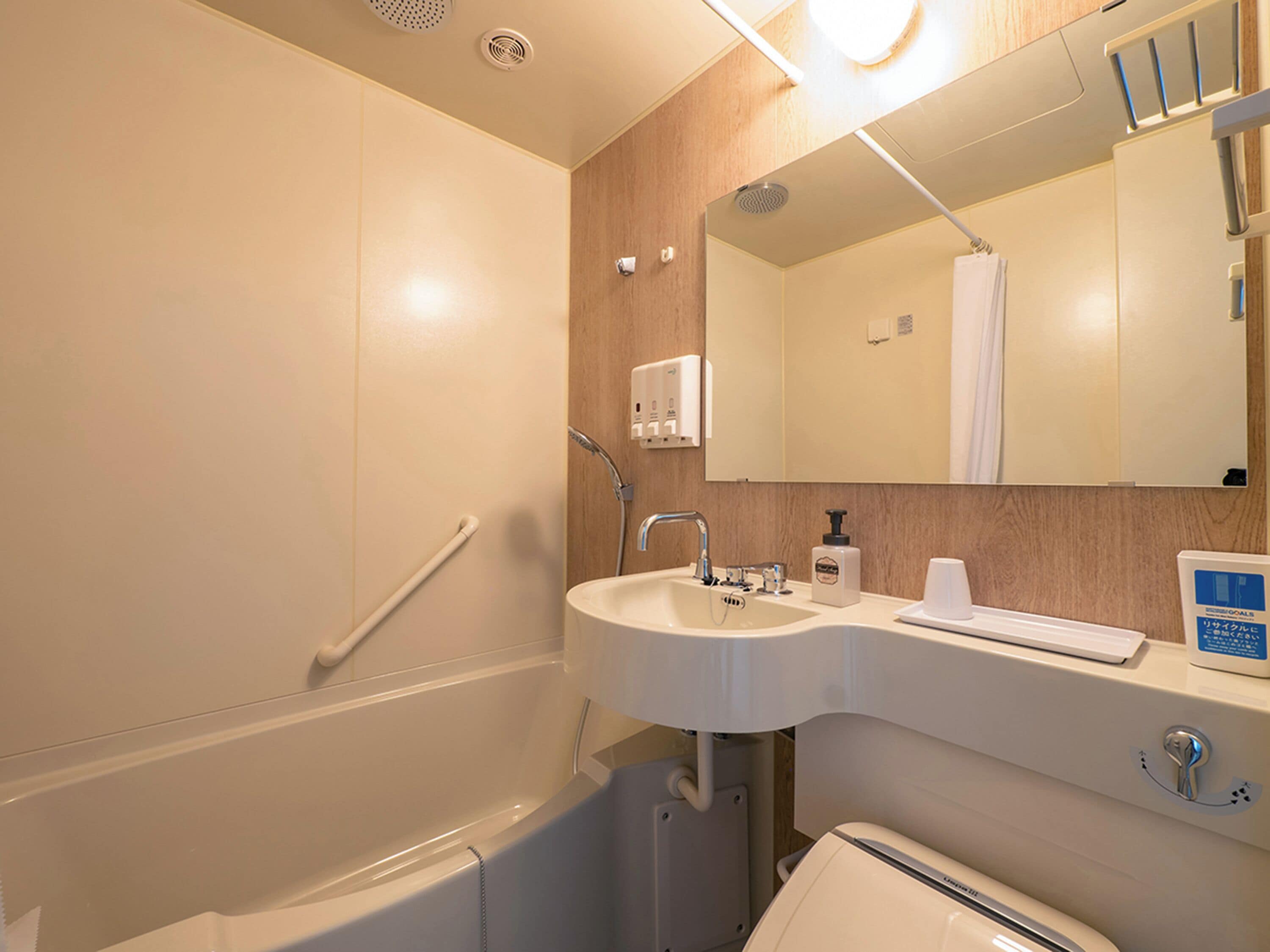 Combined shower/bathtub, hair dryer, slippers, bidet