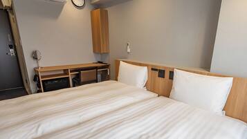 Desk, laptop workspace, blackout curtains, iron/ironing board