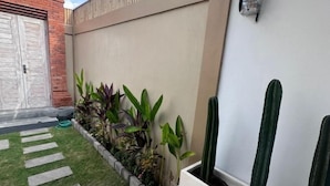 Un pequeño jardín con un sendero empedrado, diversas plantas y un cactus.