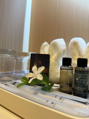 Shower, free toiletries, hair dryer, towels