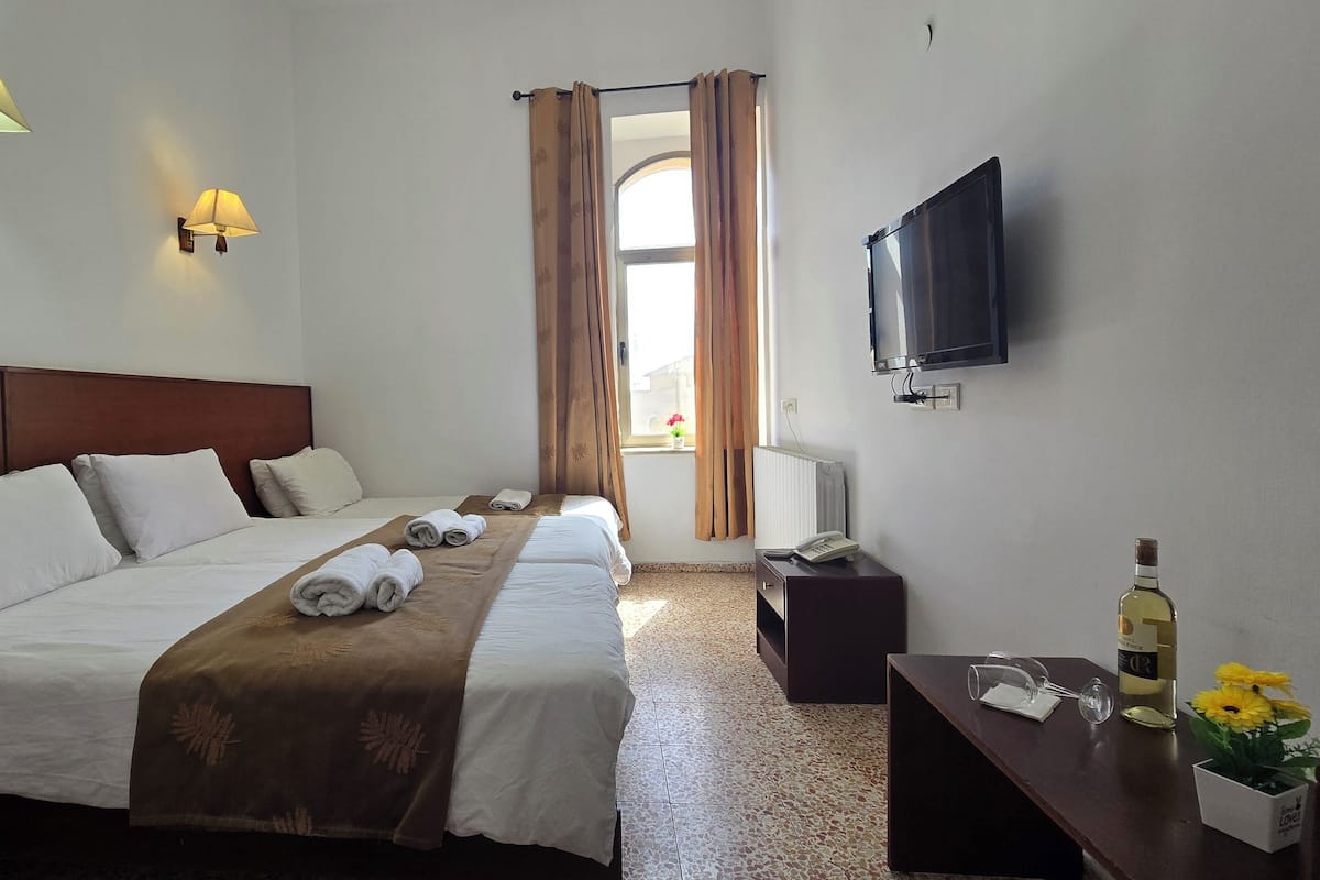 A hotel room with two beds, a TV, a radiator, and a small table with a bottle and flowers.