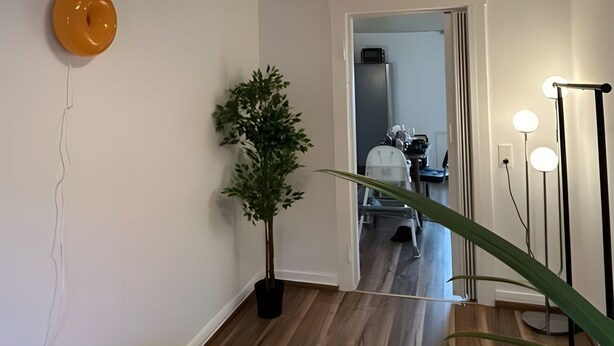 Ein modernes Interieur mit Holzboden, einer Topfpflanze, einer hängenden Pflanze und Blick in einen anderen Raum mit Mikrowelle und Stuhl.