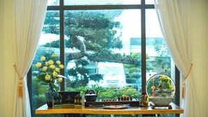 A room with a view of trees and a white van through a large window, a table with a vase of flowers, and a decorative item on the table. - Sandals Star Hotel (Duc Trong)