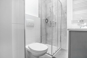 Shower, hair dryer, towels, soap