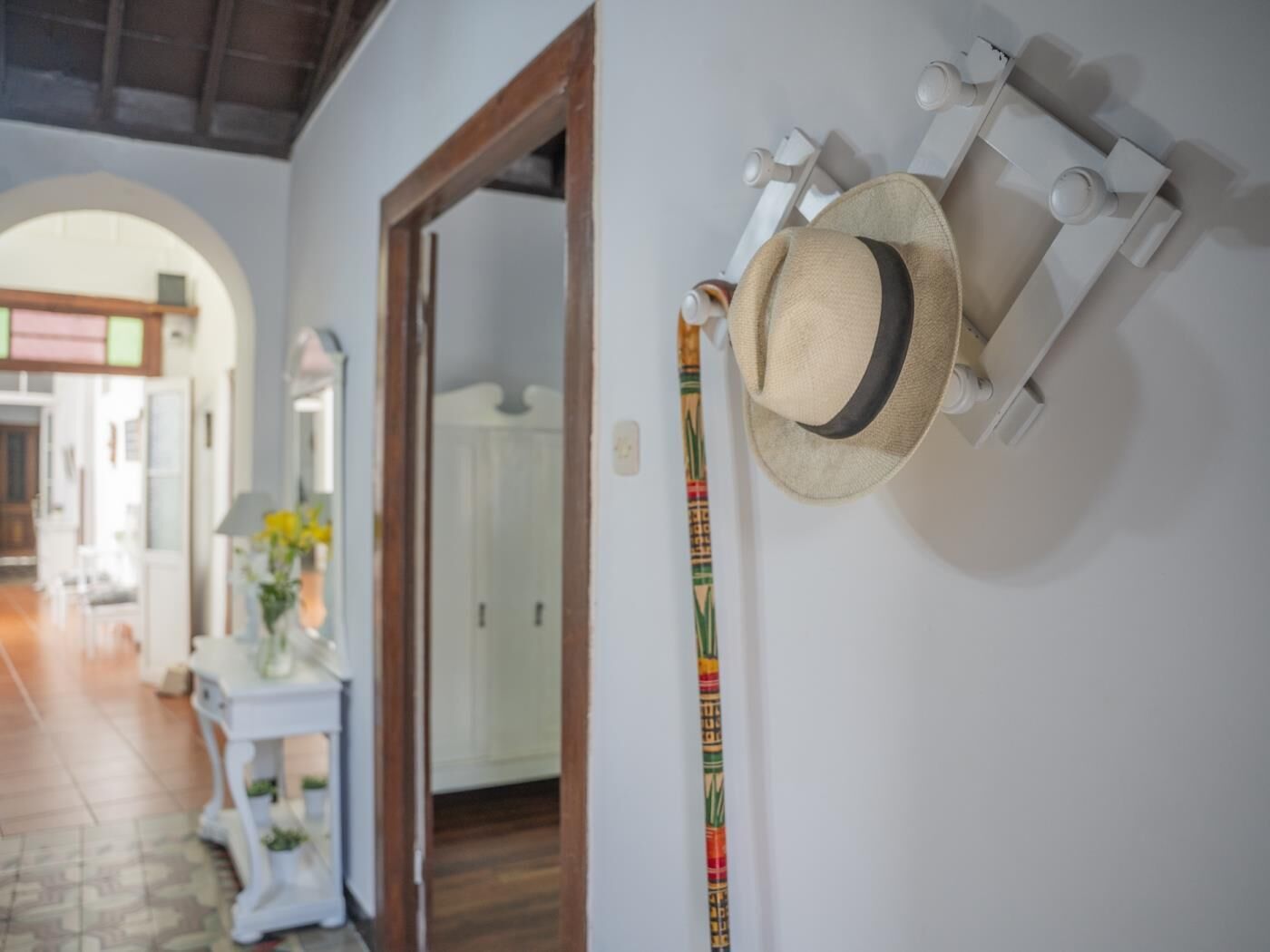 A hallway with a white wall, a door, and a hanging hat rack with hats.