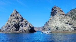 A boat in a clear blue sea with rocky cliffs on either side. - One-bedroom flat sleeps 4 seaside location, residence in Fabrégas, Les Sablettes (La Seyne-sur-Mer)