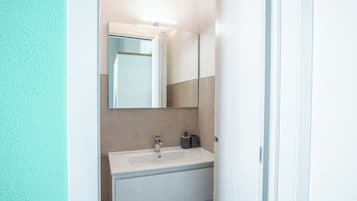 Shower, hair dryer, bidet, towels