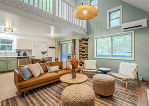 TV, fireplace, books, offices