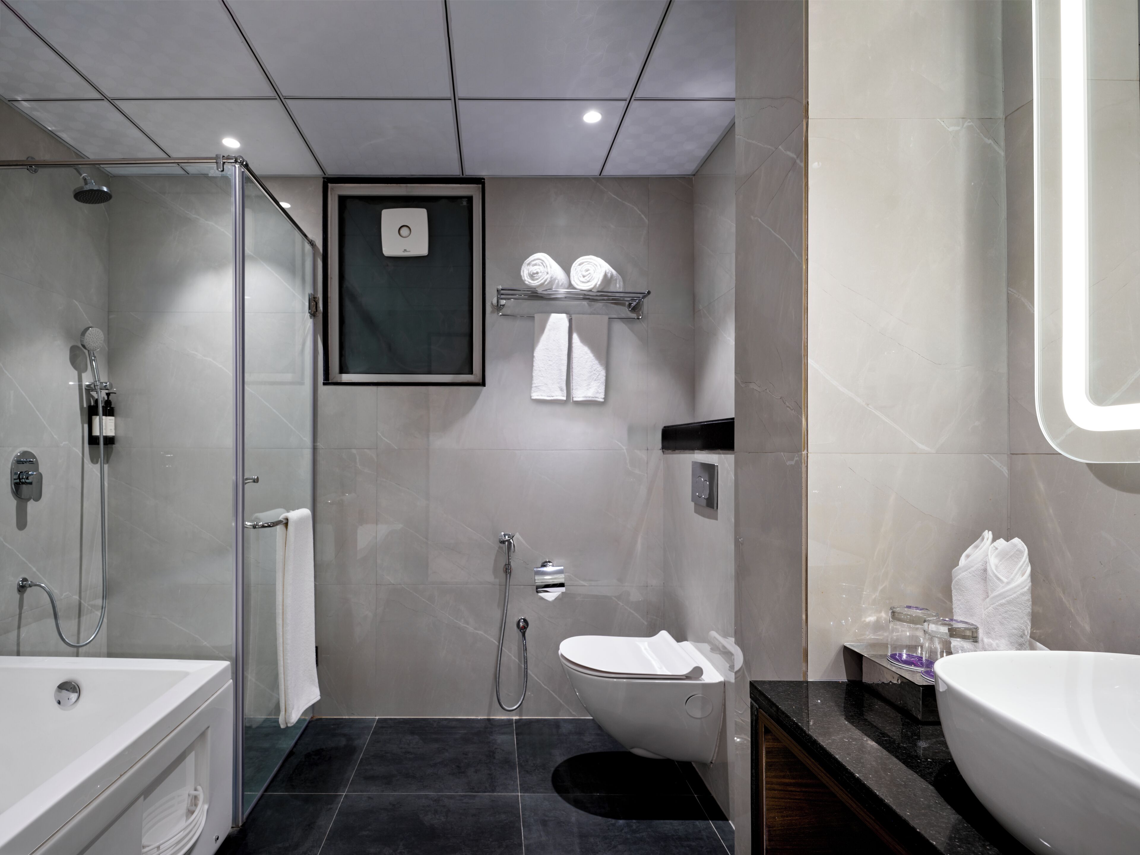 A modern bathroom with a glass-enclosed shower, a white toilet, and a large sink.