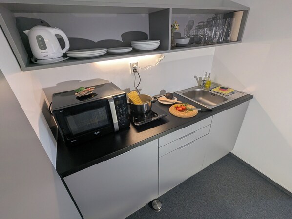 Fridge, microwave, stovetop, cookware/dishes/utensils