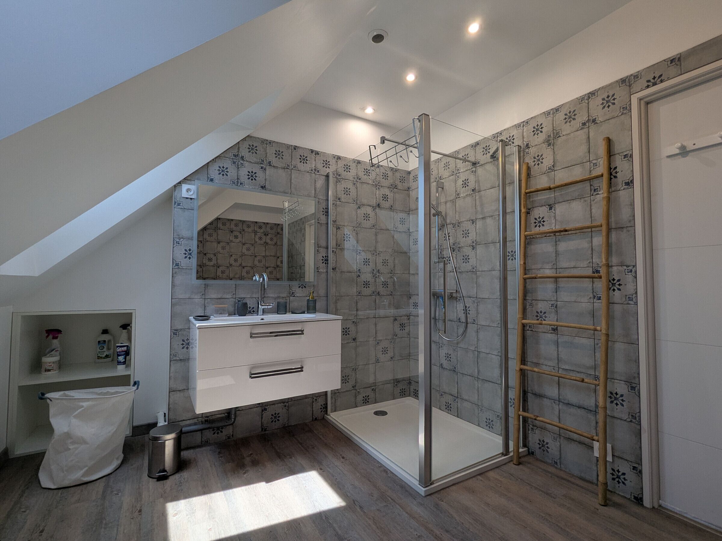 A modern bathroom with a shower, a vanity with a mirror, and a ladder against the wall.