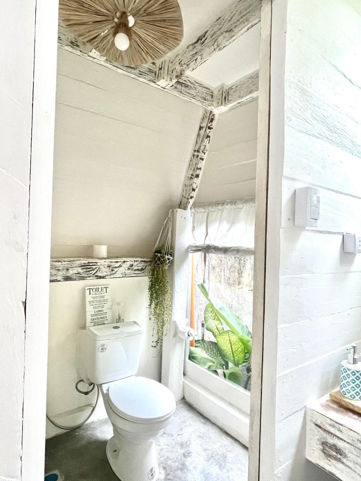 Un baño compacto con inodoro, un ventanal con vistas y un ventilador de techo.
