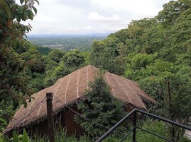 Una cabaña con techo de paja y vistas a un valle exuberante y montañas distantes.