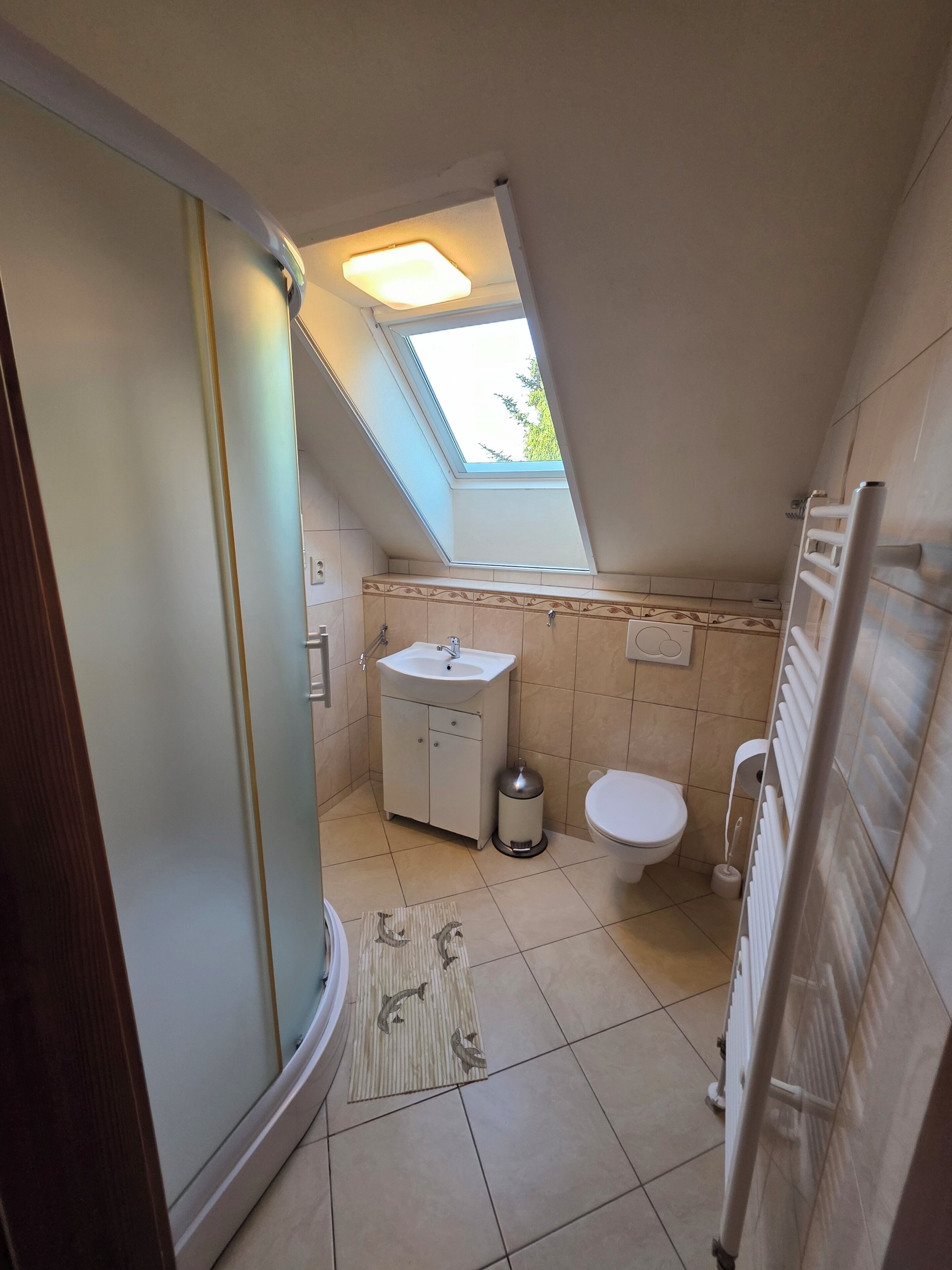 A compact bathroom with a skylight, a sink, a toilet, and a radiator.