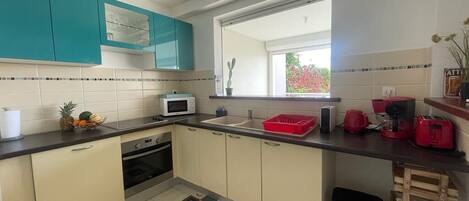 Fridge, microwave, oven, stovetop