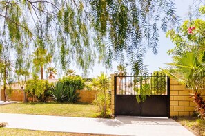 A gated entrance with a brick wall, a paved driveway, and various tropical plants.