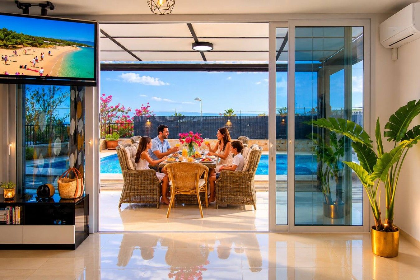 A modern living room with a flat-screen TV, a glass door leading to a pool area, and a dining table with people seated.