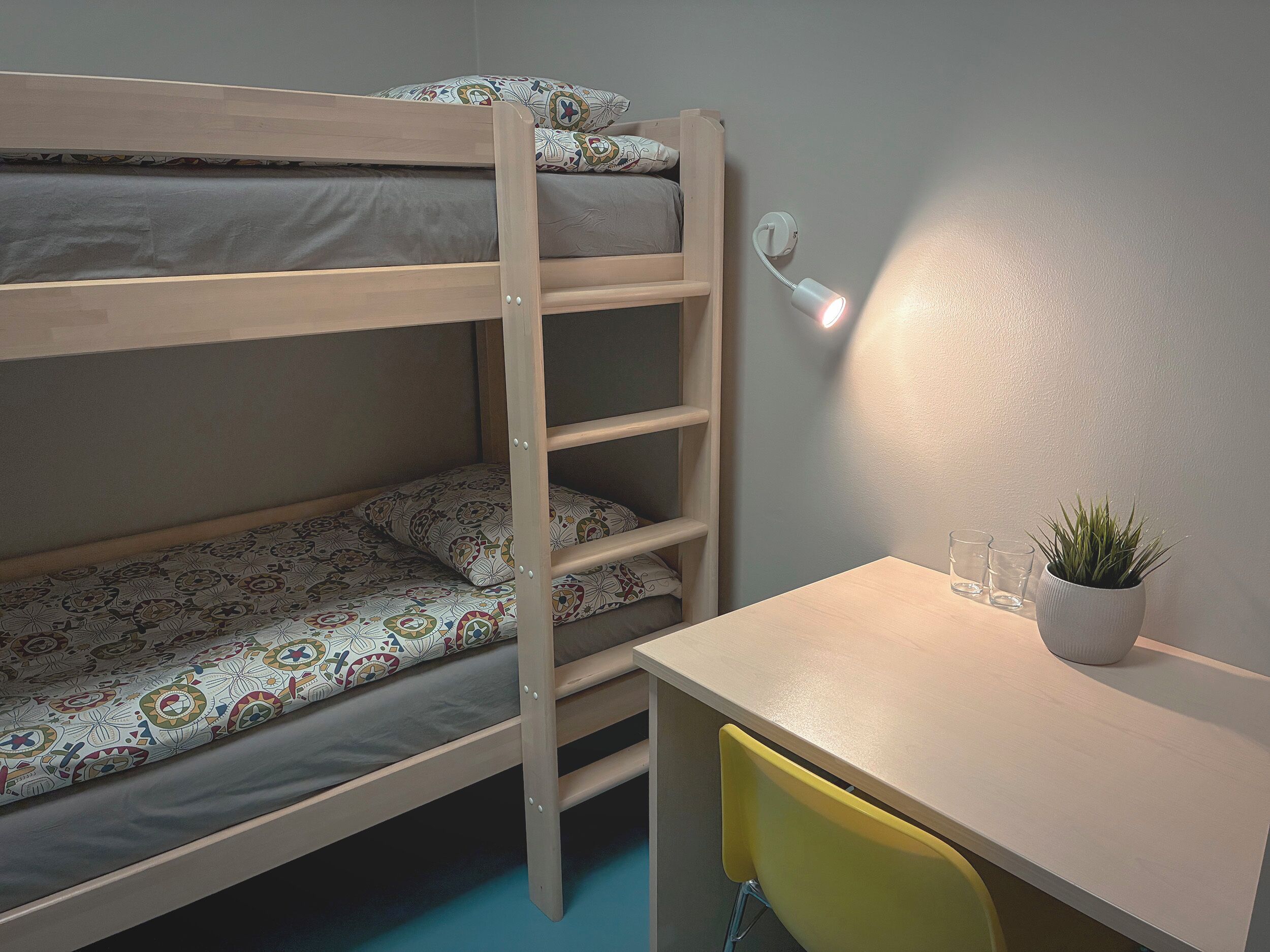 Una cama litera con escritorio y silla, una planta pequeña y una lámpara fijada a la pared.