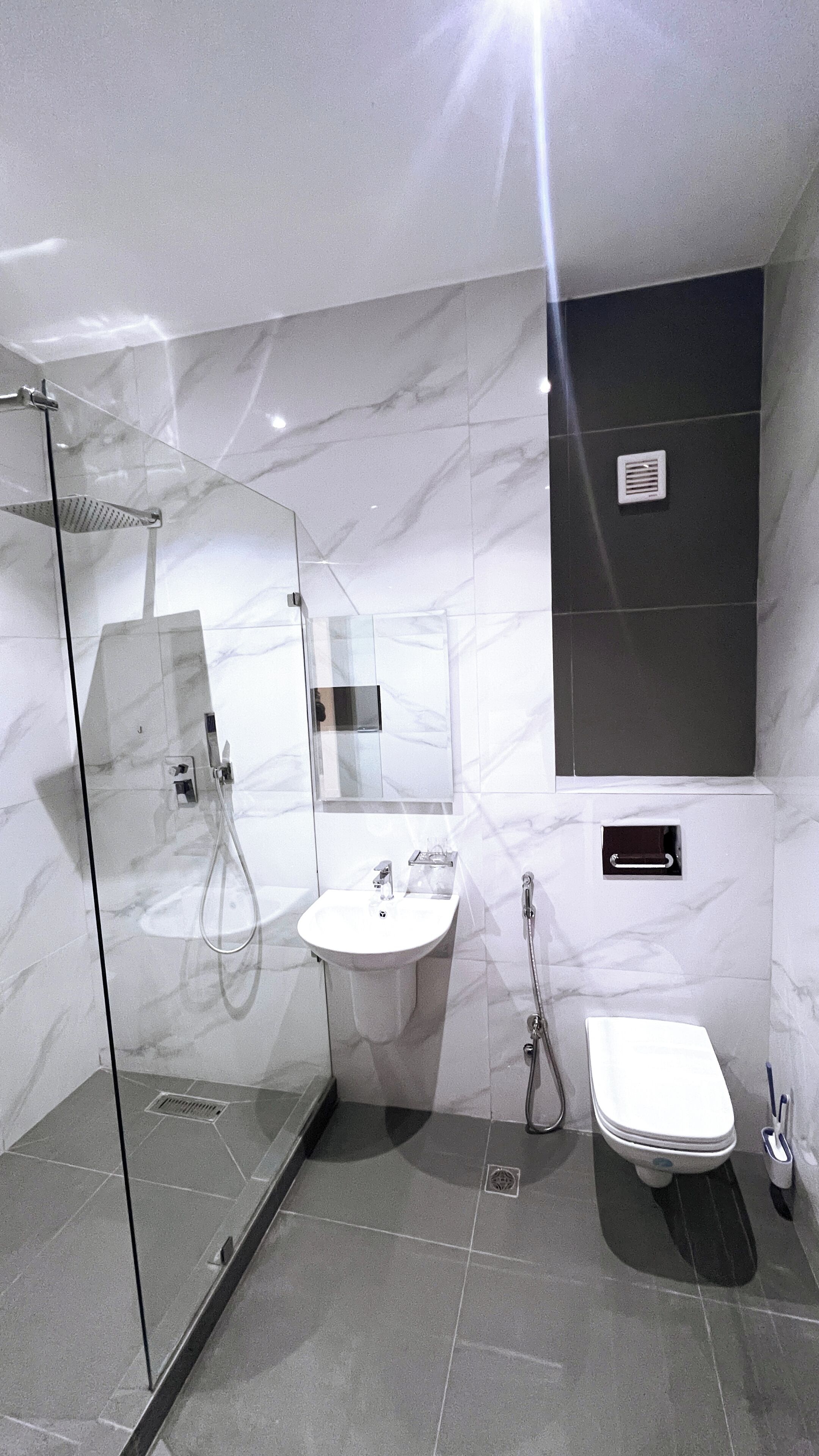 A modern bathroom with a glass-enclosed shower, a white sink, and a toilet.