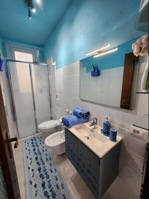 Regadera, secadora de cabello, bidet, toallas 