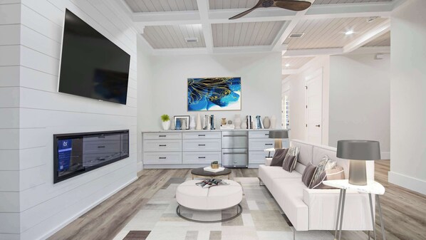 TV, fireplace, offices