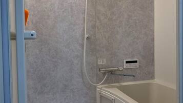 A modern bathroom with a walk-in shower, a bathtub, and a toilet.