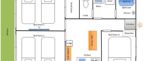 A hotel room layout with a balcony, three bedrooms, a kitchen, a dining table, a fridge, a dish cabinet, a TV, a TV in the bathroom, a shower, a toilet, a basin, a washing machine, a dryer, and a shoe box.