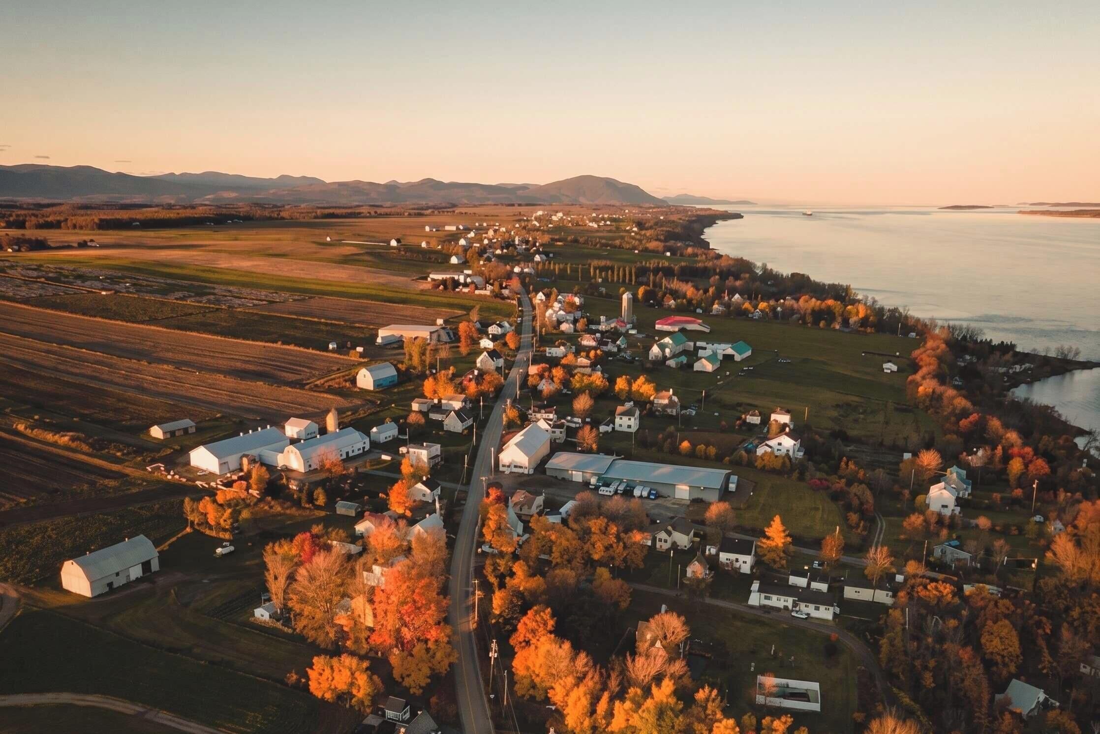 An aerial view of a small town with a river, fields, and houses.