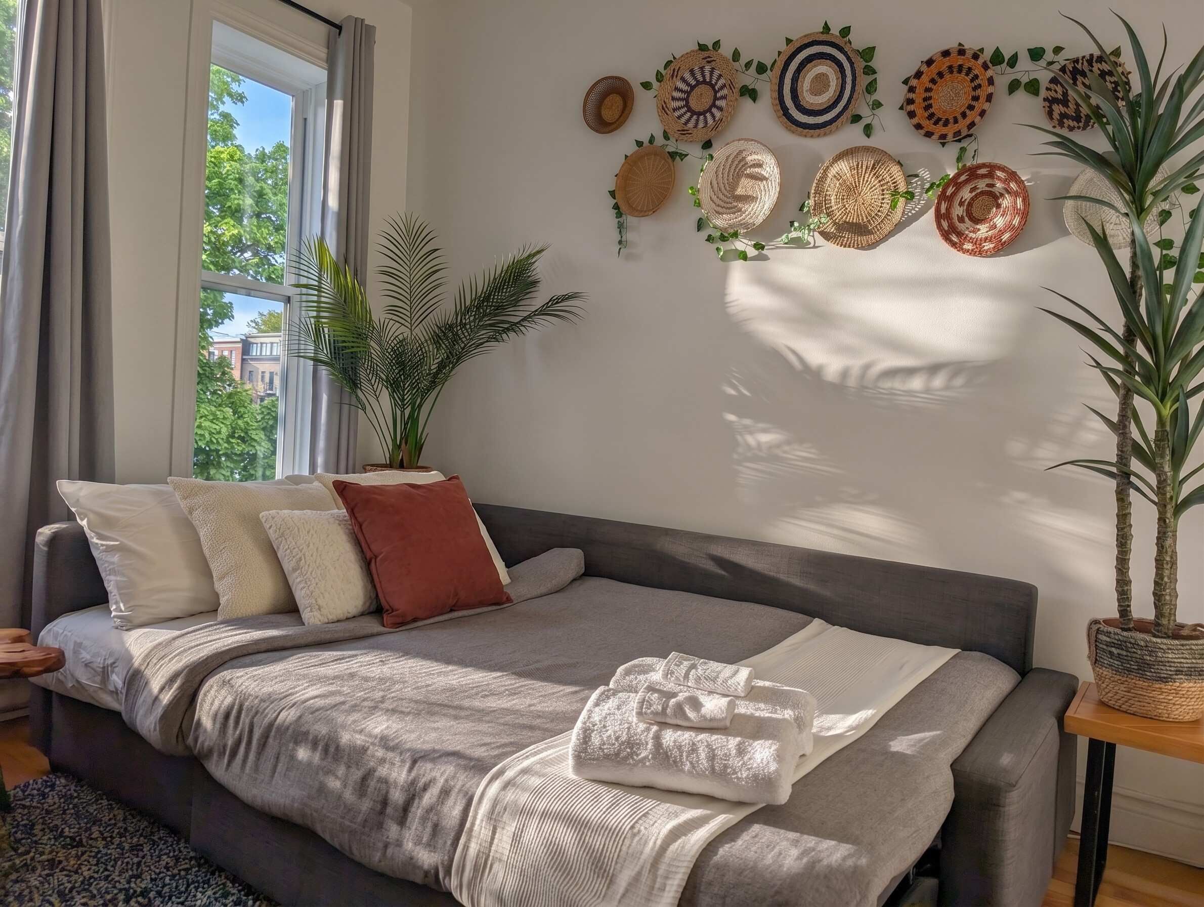 A modern living room with a sofa, a large window, and decorative woven wall art.