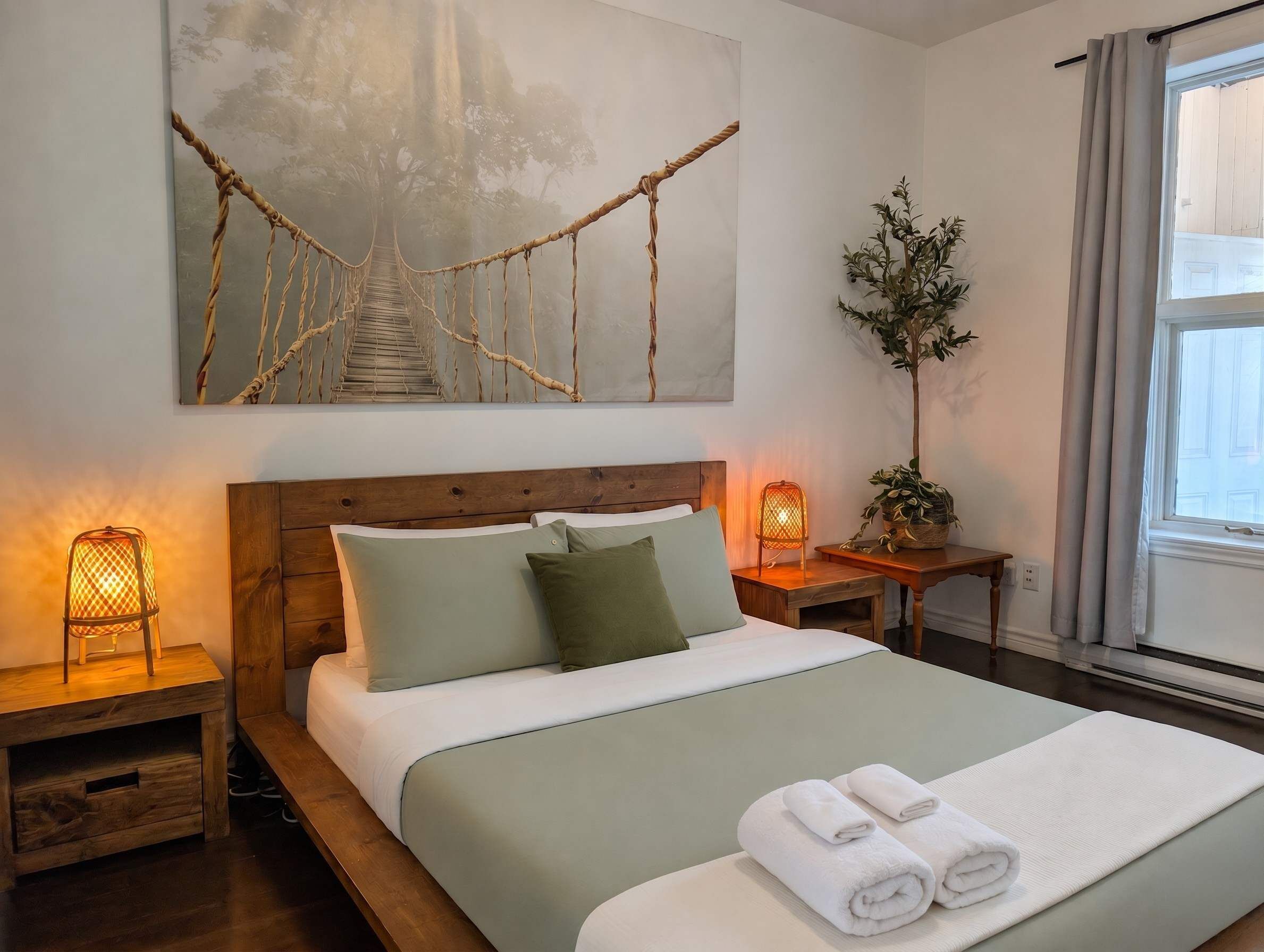 Una cama bien hecha con almohadas, una lámpara de noche, una mesita con una planta y un cuadro grande de un puente.
