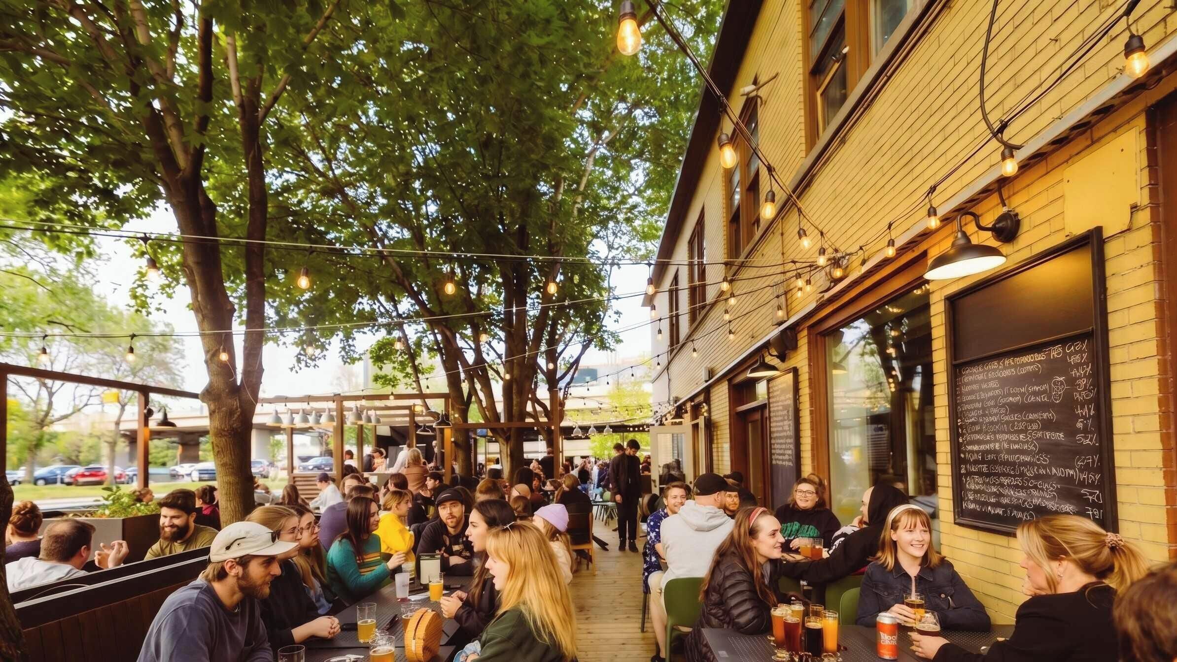 An outdoor dining area with tables and chairs, surrounded by trees and a building with a brick facade.