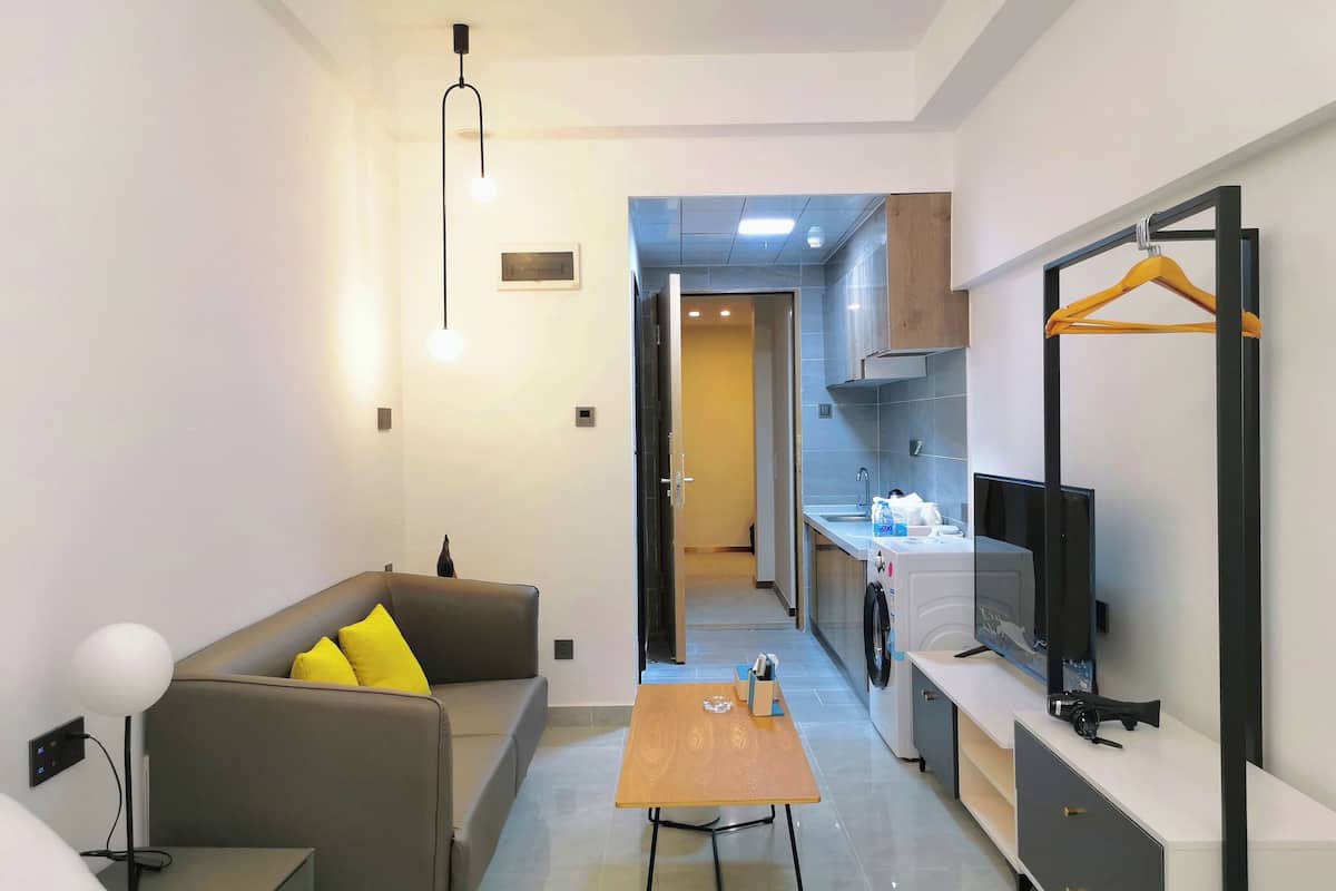 A modern hotel room with a sofa, a wooden table, a TV, and a kitchen area with a washing machine.