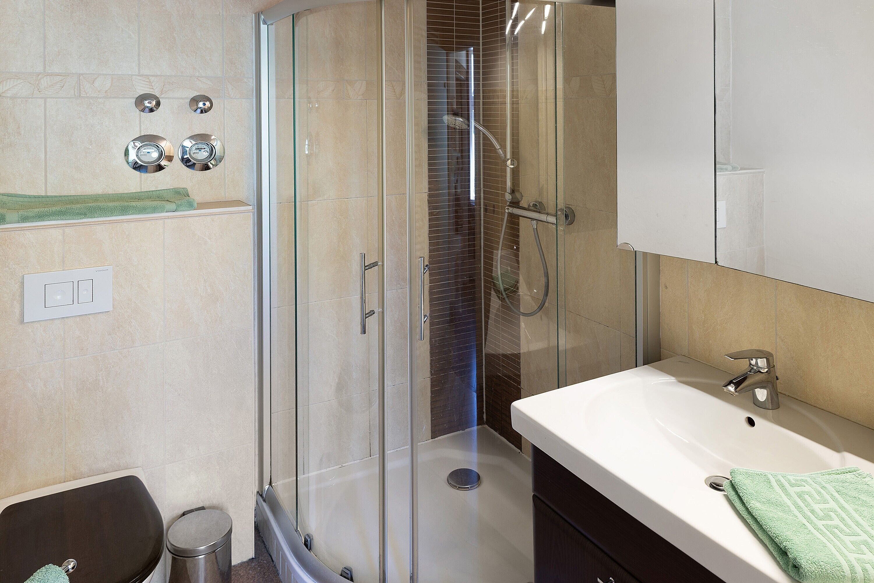 Shower, hair dryer, towels
