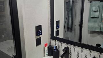 Shower, towels, soap, toilet paper