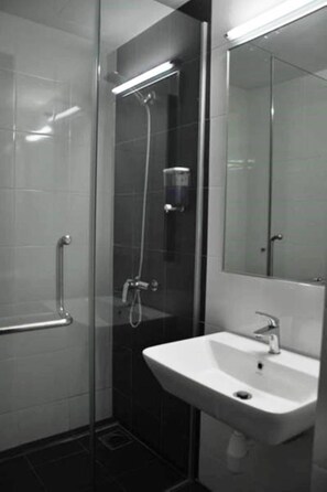Shower, free toiletries, hair dryer, towels