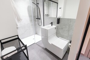 Classic Apartment | Bathroom | Shower, hair dryer, towels, soap