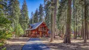 A log cabin with a metal roof, surrounded by tall pine trees. - Classic Cabin in the Pines by Tahoe Getaways - Walk to Lake, Pet-Friendly 3 BR w/ Yard & Hot Tub! (Homewood)