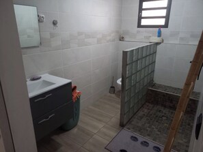 Regadera, secadora de cabello, toallas, jabón 