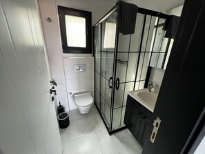 Shower, hair dryer, towels, toilet paper