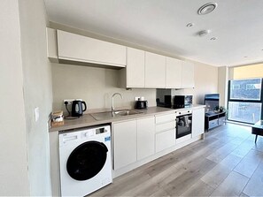 Fridge, microwave, oven, stovetop