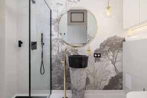 Shower, hair dryer, towels, shampoo