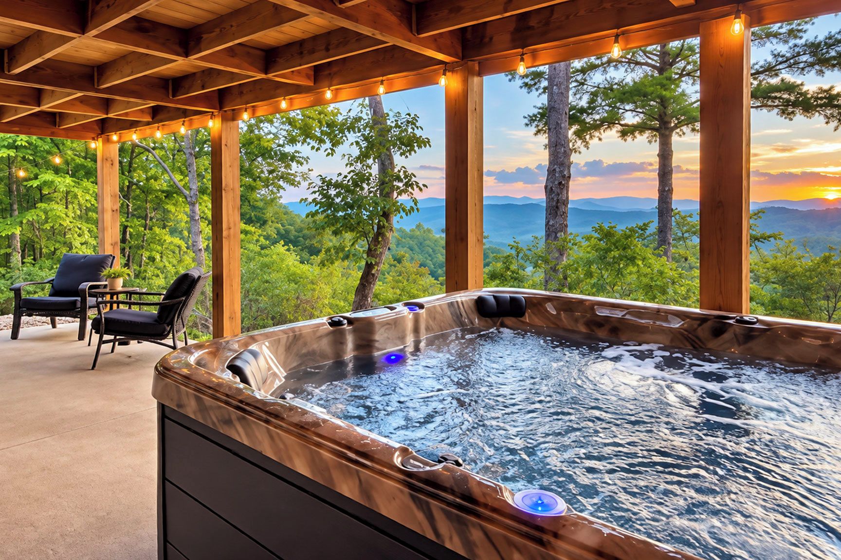 A hot tub with a wooden deck and chairs, surrounded by trees and a view of the mountains.