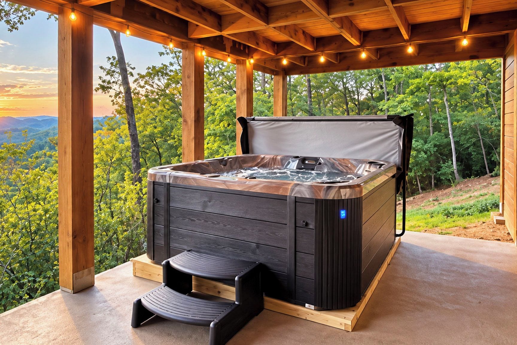 A hot tub with steps in a covered outdoor area with a view of a forest and mountains.