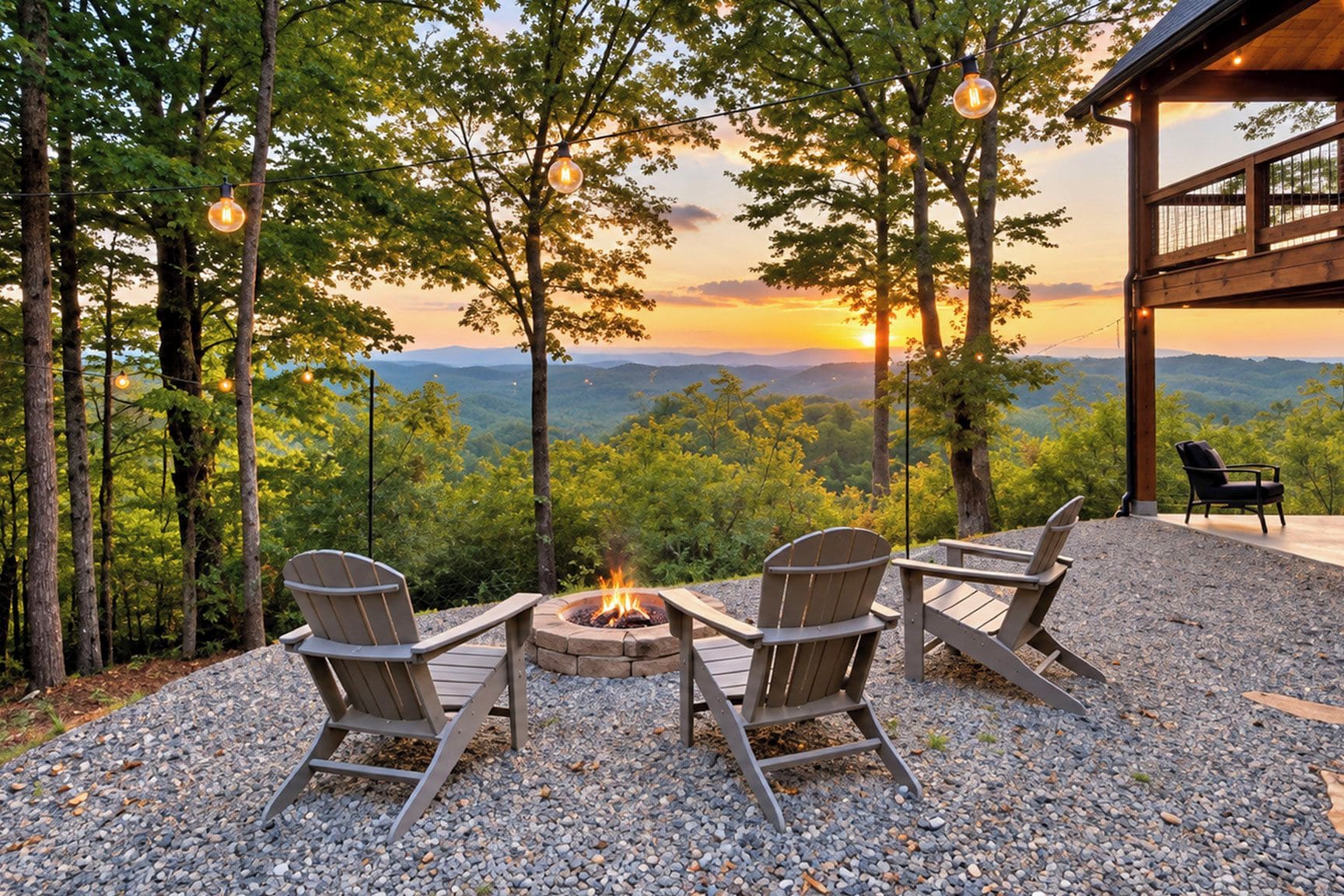 Una terraza con sillas Adirondack, un brasero y vistas a las montañas.