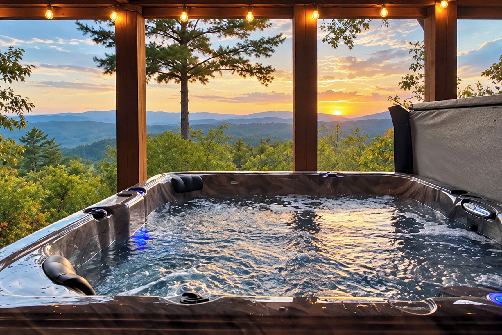A hot tub with a view of mountains and a sunset.