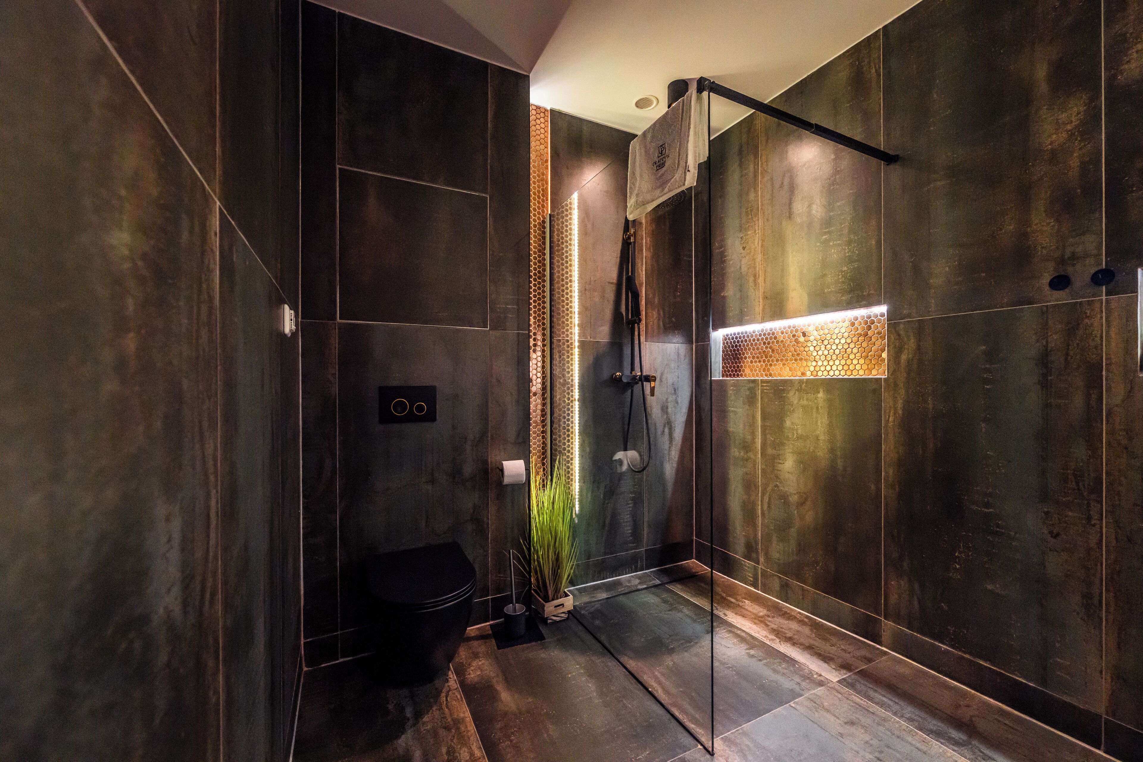 Een douche, een haardroger, handdoeken, zeep