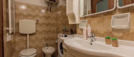 A bathroom with a toilet, bidet, washing machine, sink, and a mirror.