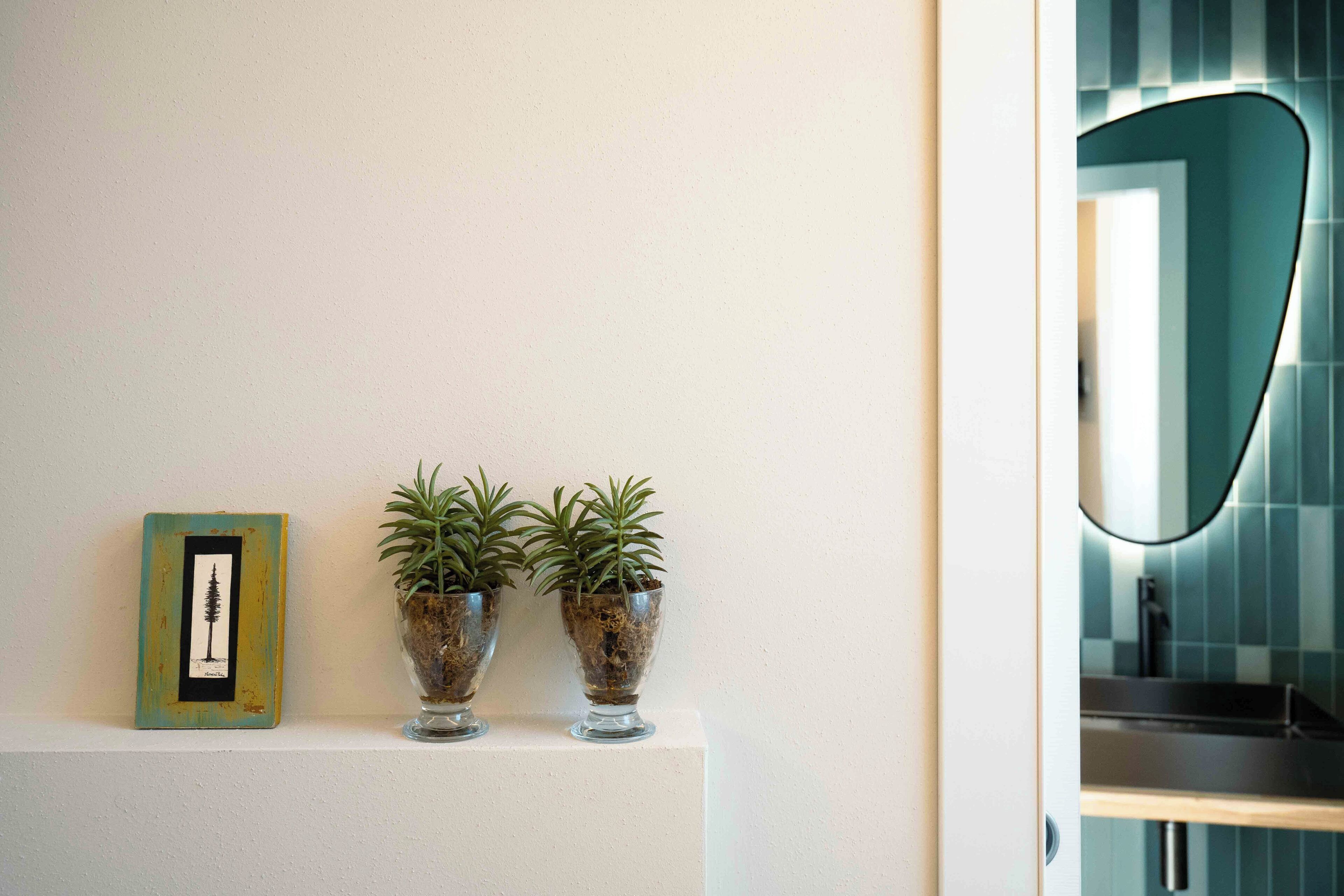 Een witte muur met een lijstfoto en twee plantenpotten.