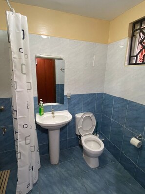 Douche, serviettes fournies, savon, papier toilette